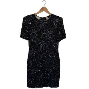 Vintage 100% Silk Beaded Embroidered Embellished Sequins Black Dress Medium